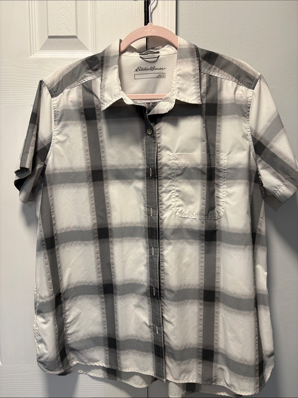 Eddie Bauer White and Gray Plaid Short Sleeve Button-Down